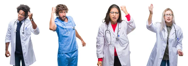 Collage Group Doctor Nurse Surgeon People Isolated Background Angry Mad — Stock Photo, Image