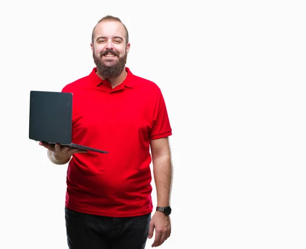 Joven Hombre Caucásico Usando Computadora Portátil Sobre Fondo Aislado Con — Foto de Stock