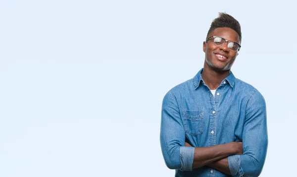 Junger Afrikanisch Amerikanischer Mann Mit Isoliertem Hintergrund Fröhlichem Gesicht Das — Stockfoto