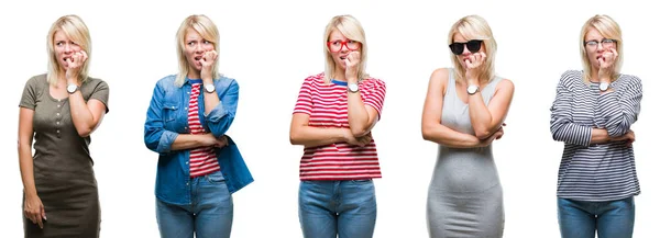 Collage Der Schönen Blonden Frau Unterschiedlichen Kleidern Blickt Über Den — Stockfoto