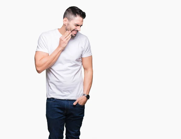 Young Man Wearing Casual White Shirt Isolated Background Touching Mouth — Stock Photo, Image