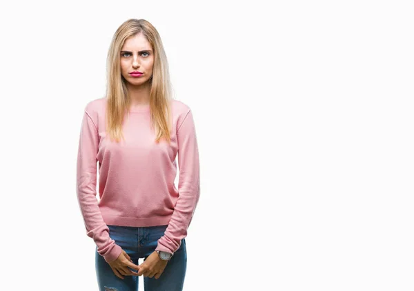 Ung Vacker Blond Kvinna Som Bär Rosa Vinter Tröja Över — Stockfoto