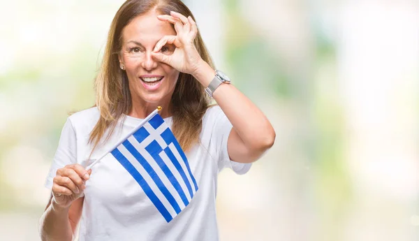 Середній Вік Латиноамериканського Жінка Тримає Прапор Греції Ізольованих Фону Щасливим — стокове фото