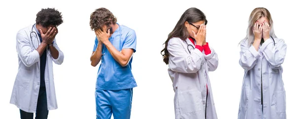 Collage Group Doctor Nurse Surgeon People Isolated Background Sad Expression — Stock Photo, Image