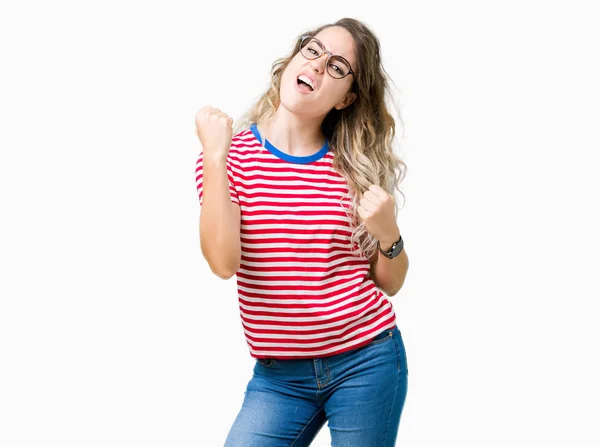Beautiful Young Blonde Woman Wearing Glasses Isolated Background Very Happy — Stock Photo, Image