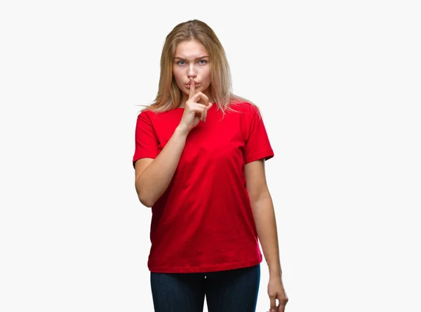 Young Caucasian Woman Isolated Background Asking Quiet Finger Lips Silence — Stock Photo, Image
