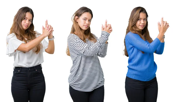 Collage Hermosa Joven Sobre Fondo Aislado Sosteniendo Arma Simbólica Con — Foto de Stock