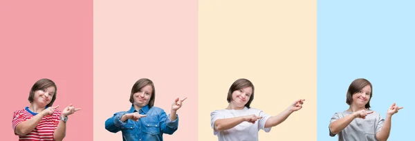 Collage Einer Frau Mit Syndrom Über Bunten Streifen Isolierter Hintergrund — Stockfoto