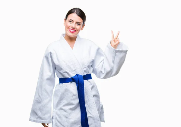 Jovem Mulher Bonita Vestindo Uniforme Quimono Karatê Sobre Fundo Isolado — Fotografia de Stock