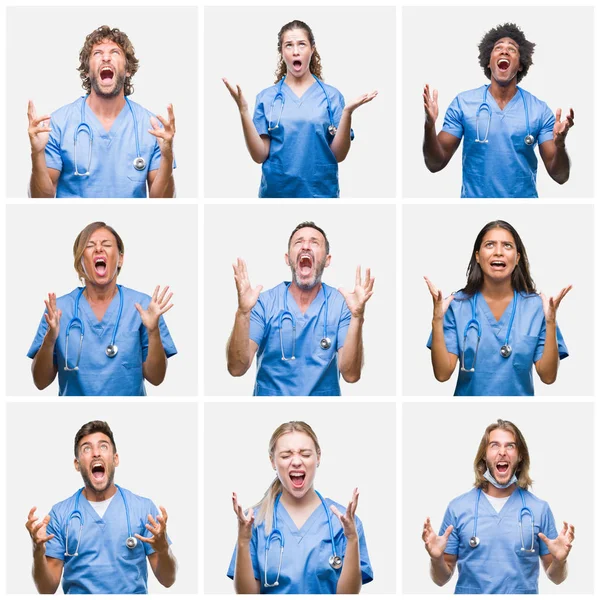 Colagem Grupo Profissionais Médicos Enfermeiros Pessoas Sobre Fundo Isolado Louco — Fotografia de Stock