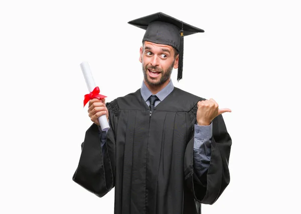 Young Handsome Graduated Man Holding Degree Isolated Background Pointing Showing — Stock Photo, Image