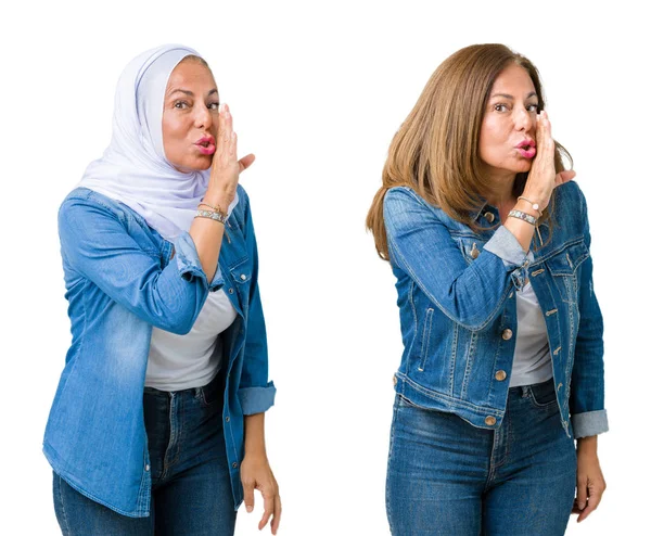 Колаж Красивої Арабської Жінки Середнього Віку Над Ізольованою Рукою Роті — стокове фото