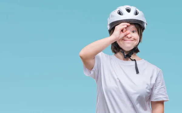 Jovem Mulher Ciclista Adulto Com Síndrome Usando Capacete Segurança Sobre — Fotografia de Stock