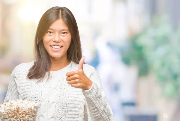 Young Asian Woman Eating Popcorn Isolated Background Happy Big Smile — Stock Photo, Image