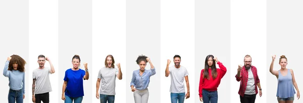 Collage Diferentes Etnias Jóvenes Sobre Rayas Blancas Aislados Fondo Enojado — Foto de Stock