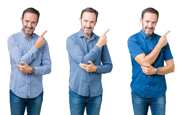 分離された白でハンサムな年配の男性のコラージュ広告 深刻な穏やかな顔を示す側面手指で指すの背景 — ストック写真