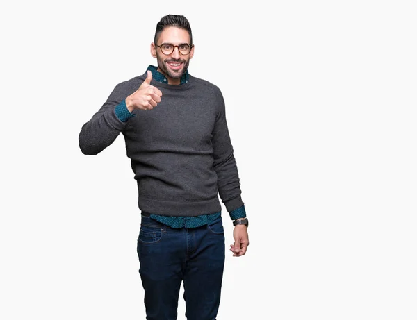 Young Handsome Man Wearing Glasses Isolated Background Doing Happy Thumbs — Stock Photo, Image