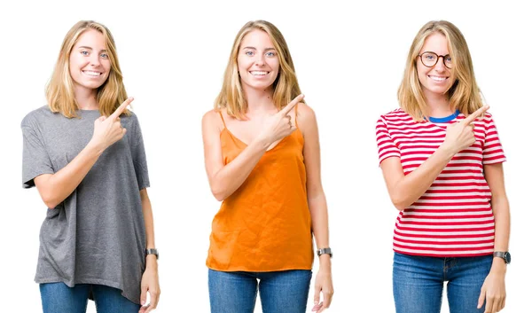 Collage Vacker Blond Kvinna Över Isolerade Vitbakgrund Glada Med Ett — Stockfoto