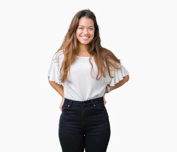 Jovem Mulher Negócios Bonita Morena Sobre Fundo Isolado Com Sorriso — Fotografia de Stock