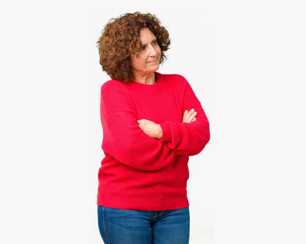 Hermoso Medio Ager Senior Mujer Rojo Suéter Invierno Sobre Fondo — Foto de Stock