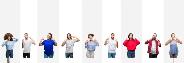 Collage Diferentes Etnias Jóvenes Sobre Rayas Blancas Fondo Aislado Sonriendo — Foto de Stock