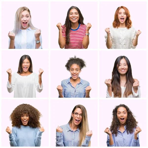 Collage Van Jonge Vrouwen Ouder Dan Roze Geïsoleerde Achtergrond Vieren — Stockfoto