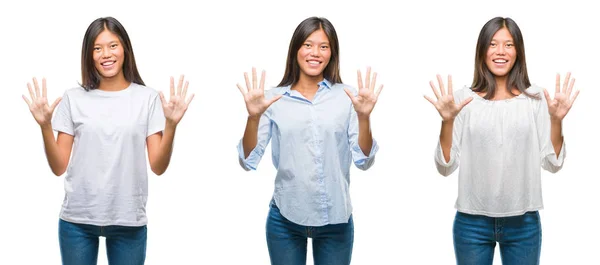 Collage Mujer Joven Asiática Pie Sobre Fondo Blanco Aislado Mostrando — Foto de Stock