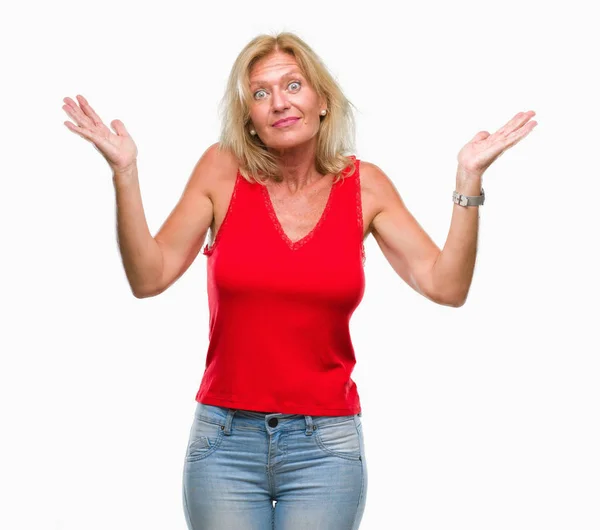 Middle Age Blonde Woman Isolated Background Clueless Confused Expression Arms — Stock Photo, Image