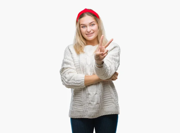 Mladá Kavkazský Žena Nosí Zimní Svetr Izolované Pozadí Usmívající Smajlík — Stock fotografie