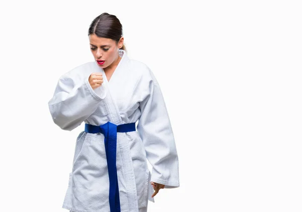 Jovem Mulher Bonita Vestindo Uniforme Kimono Karatê Sobre Fundo Isolado — Fotografia de Stock