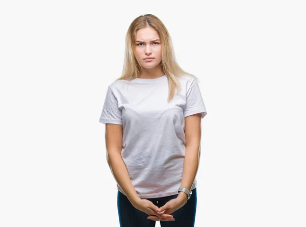 Young Caucasian Woman Isolated Background Skeptic Nervous Frowning Upset Because — Stock Photo, Image