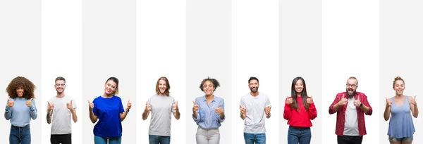 Collage Diferentes Etnias Jóvenes Sobre Rayas Blancas Aislado Signo Éxito —  Fotos de Stock