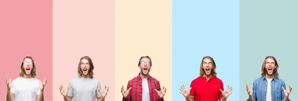 Collage Young Handsome Man Colorful Stripes Isolated Background Crazy Mad — Stock Photo, Image