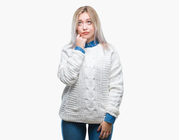 Young Blonde Woman Wearing Winter Sweater Isolated Background Hand Chin — Stock Photo, Image