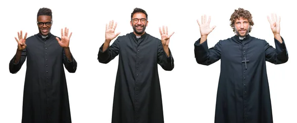 Collage Christian Priest Men Isolated Background Showing Pointing Fingers Number — Stock Photo, Image