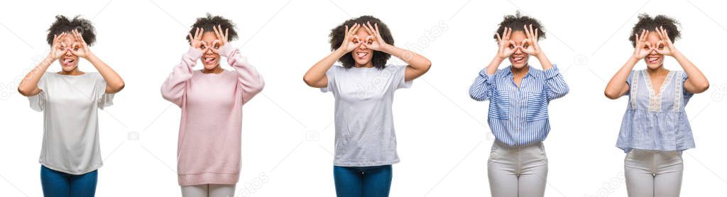 Collage of african american woman over isolated background doing ok gesture like binoculars sticking tongue out, eyes looking through fingers. Crazy expression.