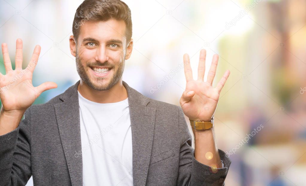 Young handsome business man over isolated background showing and pointing up with fingers number nine while smiling confident and happy.