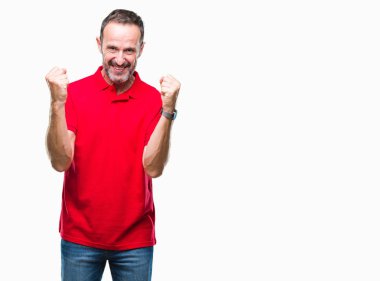 İzole arka plan kutlama üzerinde orta yaş ağarmış komuta sizde şaşırttı ve başarı için kaldırdı kollarını açarak hayret ve gözleri açık. Kazanan kavramı.