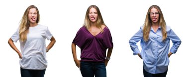 Genç güzel sarışın kadın dilini izole arka plan yüzünden kolaj out komik ifade ile mutlu. Duygu kavramı.