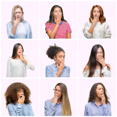 Kolaj pembe izole arka plan üzerinde genç kadınların el ağzıyla kapsayan yorgun esneme sıkılmış. Restless ve uyku hali.