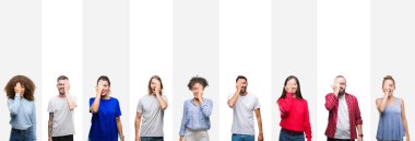 Farklı etnik genç insanlar el yüz ve sürpriz duygu kendinden emin gülümseme ile tek gözüyle kapsayan beyaz çizgili izole arka plan üzerinde kolaj.