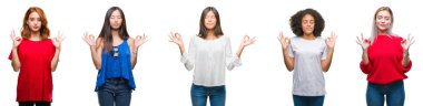 Grup izole arka plan üzerinde güzel Çin, Asya, Afrika kökenli Amerikalı, beyaz kadınların kolaj rahatla ve gülümseyen gözlerle kapalı parmak jestle meditasyon yapıyor. Yoga kavramı.