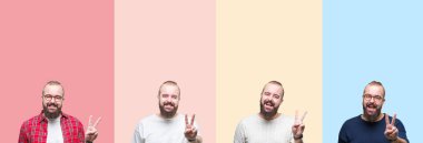 Mutlu yüz zafer işareti yaparken kameraya göz kırpıyor ile gülümseyen izole renkli çizgili arka plan üzerinde sakallı genç adam kolaj. İki numaralı.