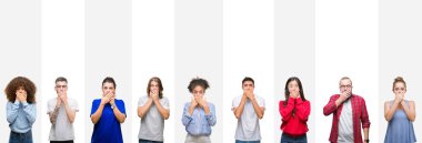 Farklı etnik genç insanlar üzerinde beyaz çizgili izole arka plan ağız hata için elleriyle kapsayan şok kolaj. Gizli kavramı.