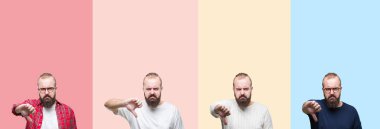 Mutsuz ve kızgın ret gösterilen ve başparmak aşağı hareketi ile negatif seyir renkli çizgili izole arka plan üzerinde sakallı genç adam kolaj. Kötü ifade.