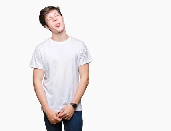 Stilig Ung Man Bär Casual Vit Shirt Över Isolerade Bakgrund — Stockfoto