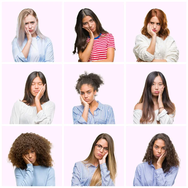 Collage Unga Kvinnor Över Rosa Isolerade Bakgrund Tänkande Ser Trött — Stockfoto