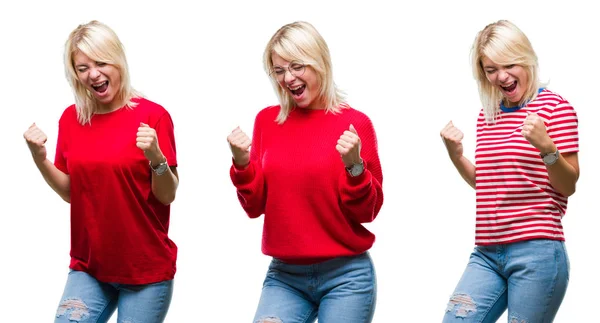 Коллаж Красивой Блондинки Носить Случайный Красный Изолированном Фоне Счастливым Взволнованным — стоковое фото