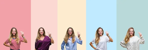 Collage Hermosa Mujer Joven Sobre Rayas Colores Fondo Aislado Mostrando —  Fotos de Stock