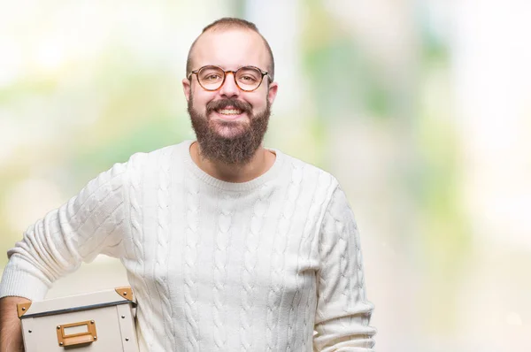 Joven Hombre Hipster Con Gafas Moviéndose Sosteniendo Caja Movimiento Sobre —  Fotos de Stock